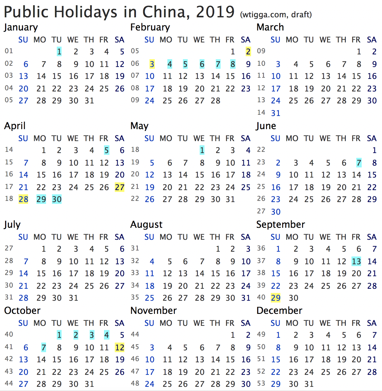 Public holidays in China, 2019 (wtigga.com/en)